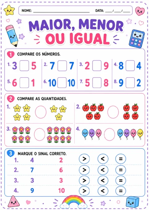Pares de números e grupos de estrelas, maçãs, flores e balões para comparar, com opções dos sinais maior.
