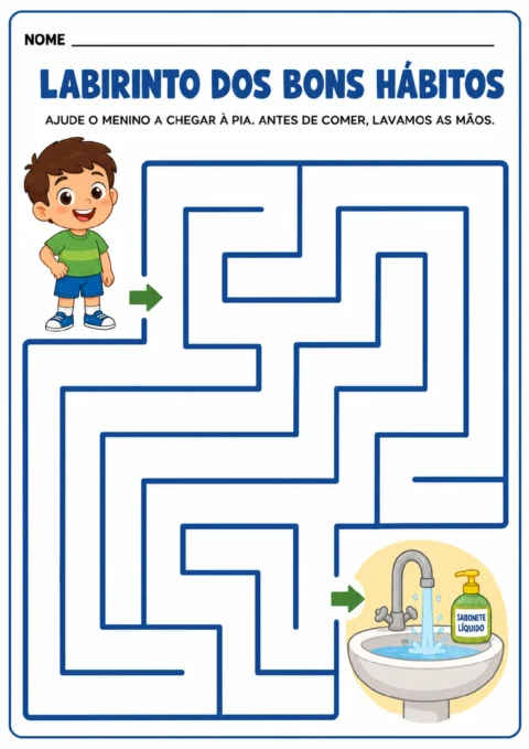 Labirinto de linhas azuis com um menino no início e uma pia com torneira, água corrente.