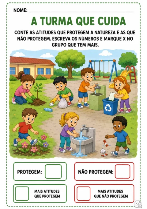 Cena de parque com crianças plantando, recolhendo lixo e reciclando; também há uma torneira desperdiçando água.