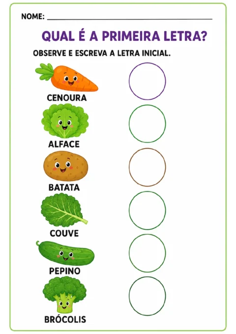 Seis hortaliças sorridentes, identificadas como cenoura, alface, batata, couve, pepino e brócolis.