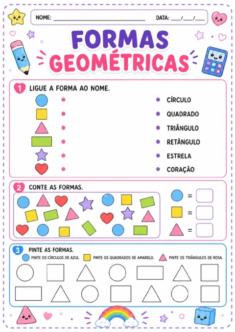 Círculo, quadrado, triângulo, retângulo, estrela e coração para ligar aos nomes, painel para contar círculos.