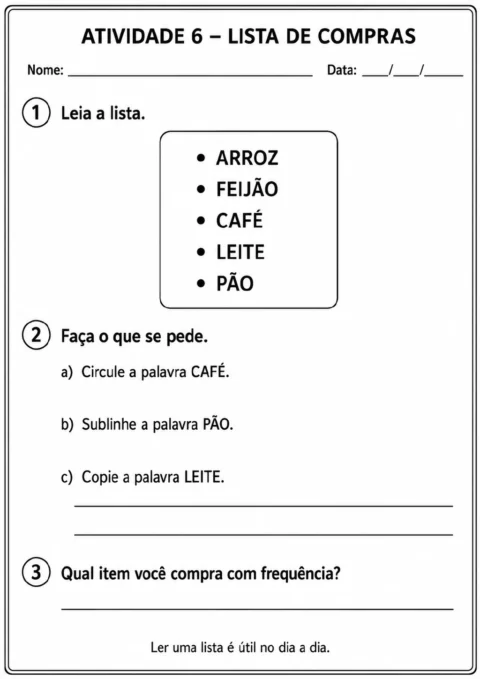 Lista de compras com arroz, feijão, café, leite e pão, acompanhada de comandos para circular café.