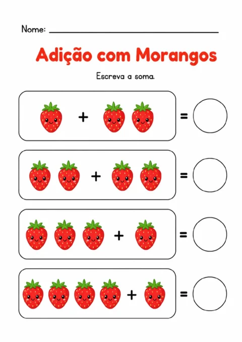 Quatro adições com morangos representam 1 mais 2, 2 mais 2, 3 mais 1 e 4 mais 1, com círculos para escrever os resultados.