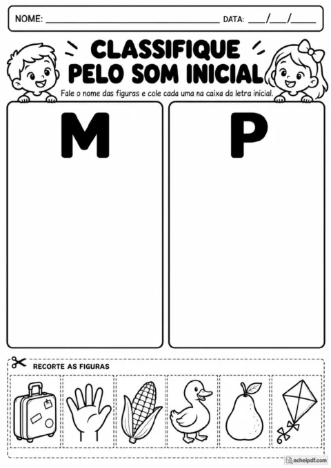 Duas caixas identificadas pelas letras M e P acima de uma faixa recortável com mala, mão, milho, pato, pera e pipa.