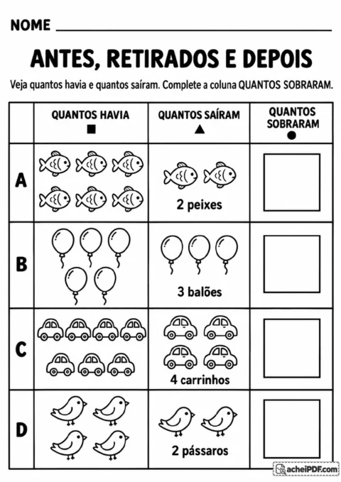 Tabela com quatro linhas identificadas de A a D, contendo peixes, balões, carrinhos e pássaros.