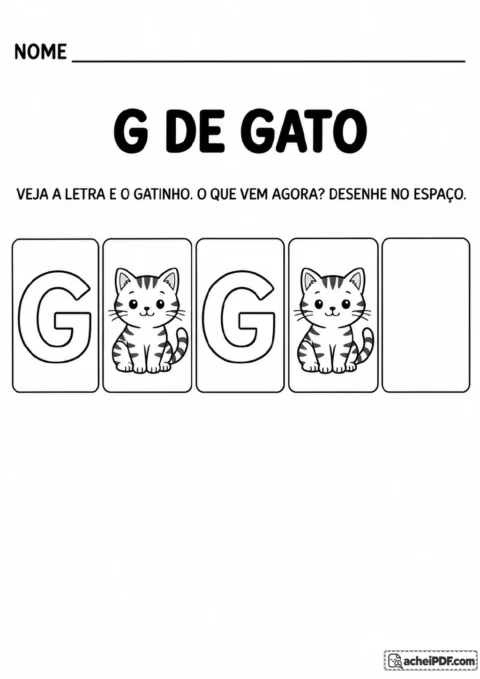Cinco quadros com a letra G no primeiro e no terceiro, gato listrado no segundo e no quarto e espaço vazio no último.