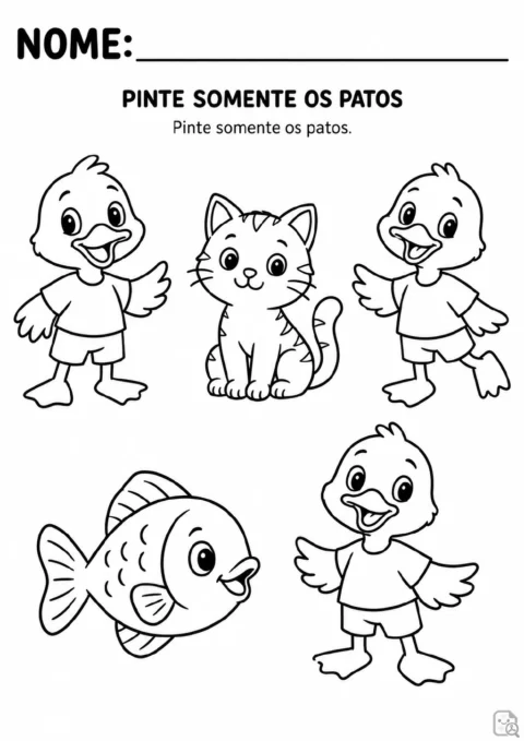 Três patos, um gato e um peixe em desenhos grandes para colorir, com o comando “Pinte somente os patos”.