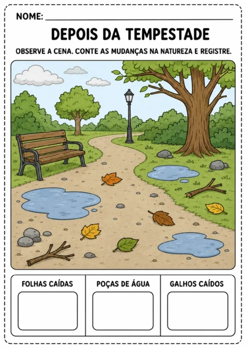 Cena de parque após a tempestade com 5 folhas caídas, 3 poças de água, 2 galhos caídos e campos para registrar os totais.