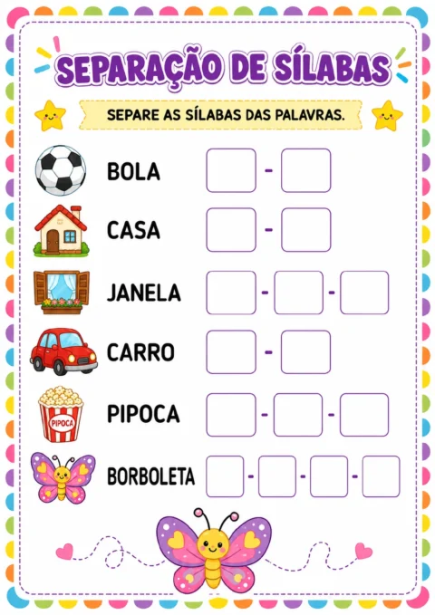 Figuras de bola, casa, janela, carro, pipoca e borboleta acompanhadas de campos com hífens para registrar a separação.