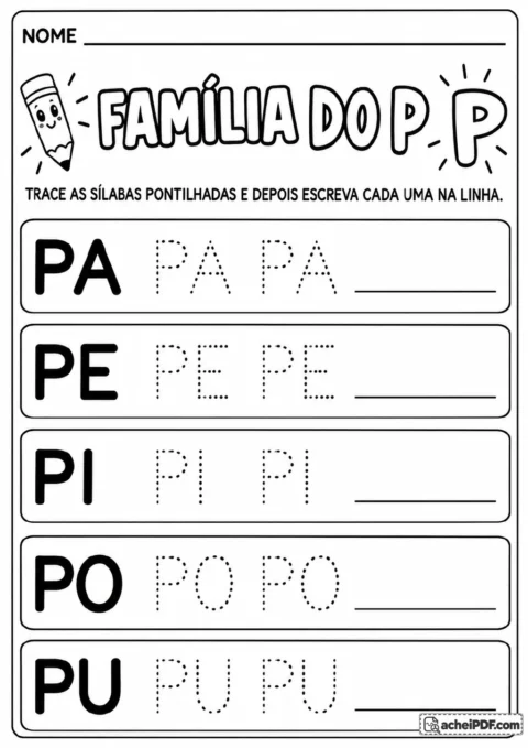 Página com as sílabas PA, PE, PI, PO e PU em quadros, letras pontilhadas, linhas de escrita.