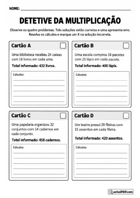 Quatro cartões identificados de A a D apresentam problemas de multiplicação sobre livros, lápis, cadernos e assentos.