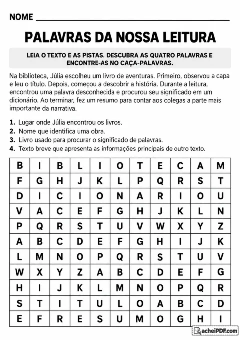Texto sobre Júlia na biblioteca, quatro pistas numeradas e uma grade de caça-palavras com termos como biblioteca, título.