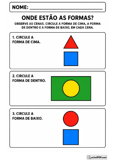 Três quadros com formas geométricas em posições espaciais: triângulo acima de quadrado.
