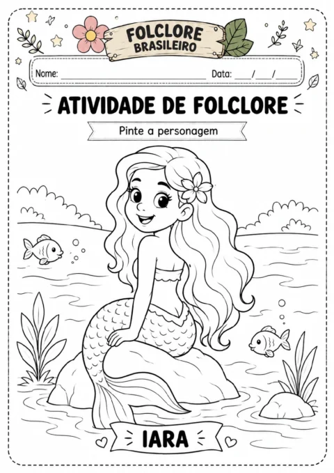 Iara representada como sereia, sentada em uma pedra na água, com dois peixes, plantas aquáticas e corações ao redor.