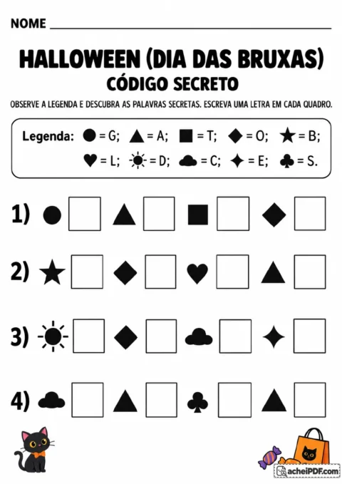 Legenda com dez símbolos associados a letras, seguida de quatro sequências codificadas.