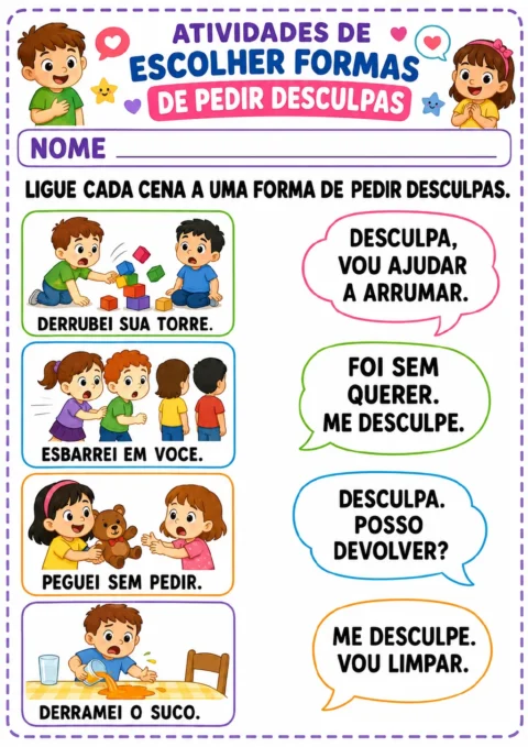 Quatro cenas mostram uma torre de blocos, crianças que se esbarram, um ursinho de pelúcia e um copo com suco.