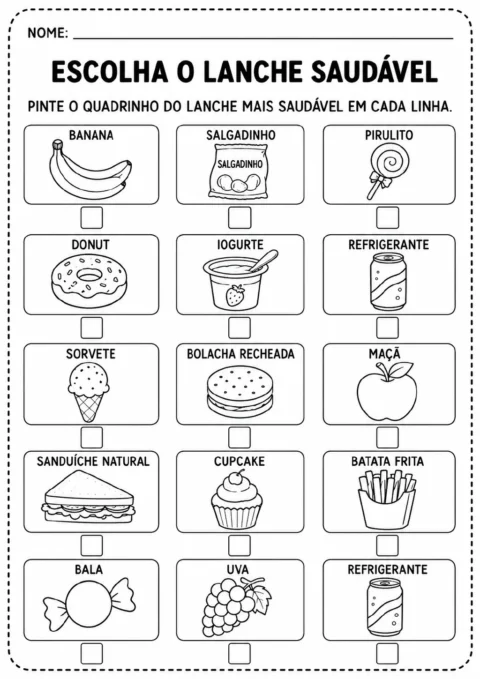Cinco linhas com três alimentos ou bebidas cada e quadrinhos abaixo das figuras, incluindo banana, iogurte, maçã.