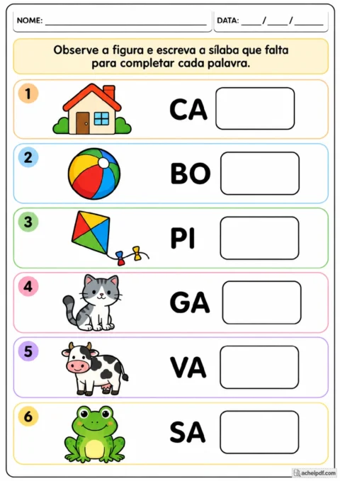 Seis itens numerados com figuras de casa, bola, pipa, gato, vaca e sapo, sílabas iniciais.