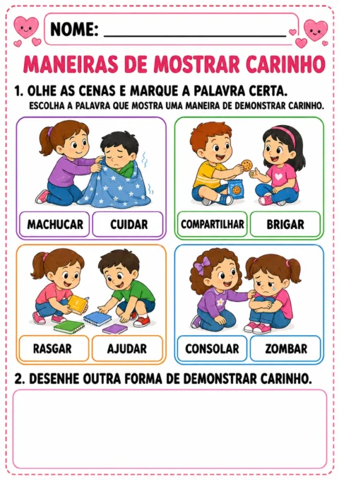 Quatro cenas com caixas de duas opções de palavras mostram cuidado com cobertor, compartilhamento de biscoito.