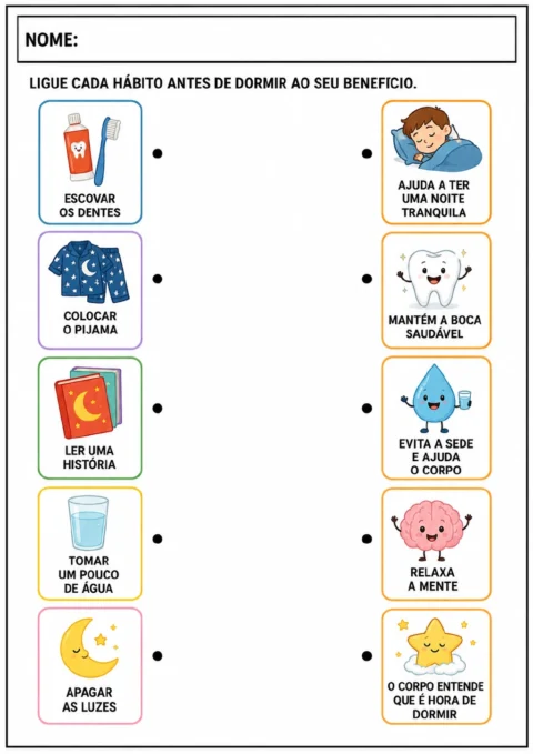 Duas colunas de cartões mostram, à esquerda, escovar os dentes, colocar o pijama, ler uma história.