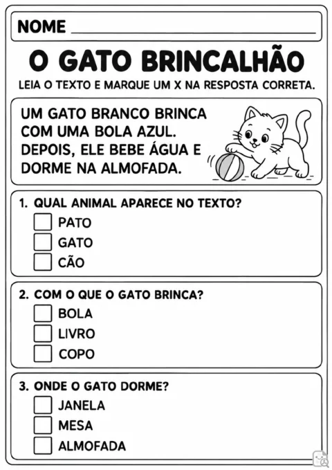 Texto intitulado “O gato brincalhão”, ilustração de um gato brincando com uma bola e três questões de múltipla escolha.