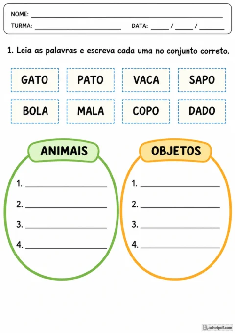 Cartões tracejados com gato, pato, vaca, sapo, bola, mala, copo e dado, além de dois conjuntos identificados como animais.