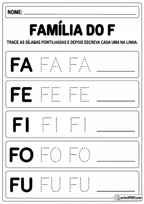 Quadros com FA, FE, FI, FO e FU em letras grandes e pontilhadas, acompanhados de linhas de escrita.