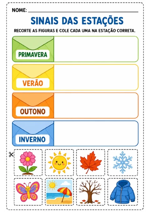 Quatro espaços identificados como primavera, verão, outono e inverno acima de oito cartões para recortar: flor, sol, folha.