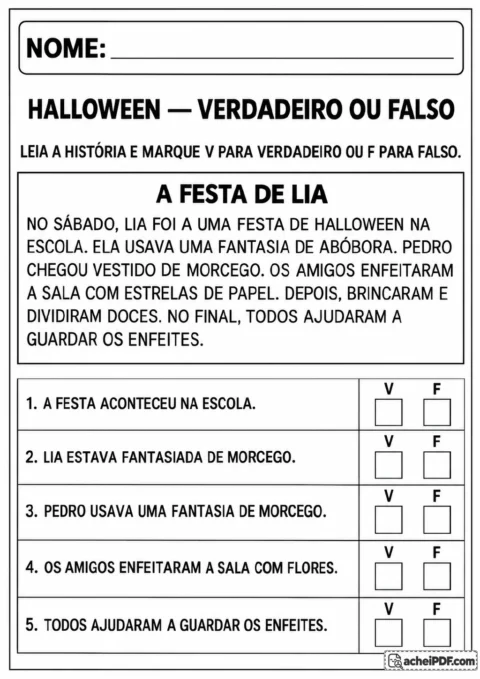 Texto intitulado “A festa de Lia”, acompanhado de uma tabela com cinco afirmações e opções V e F para marcar.