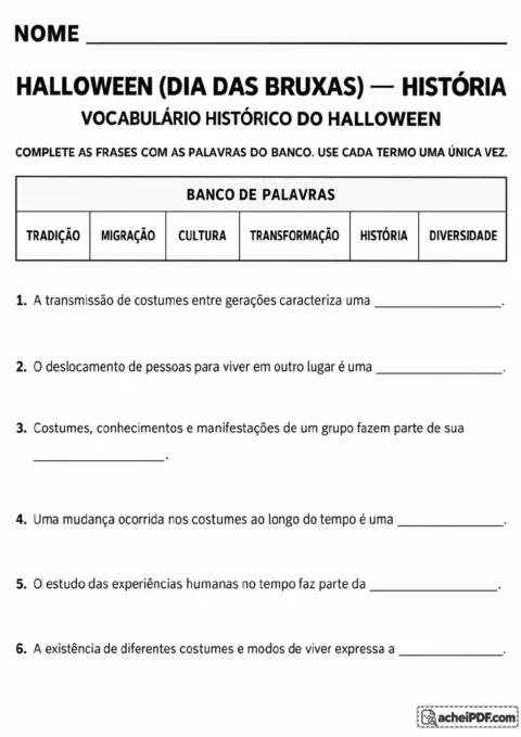 Banco de palavras com tradição, migração, cultura, transformação, história e diversidade.
