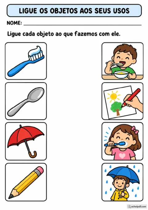 Duas colunas com escova de dentes, colher, guarda-chuva e lápis para ligar às cenas de escovar os dentes, comer.