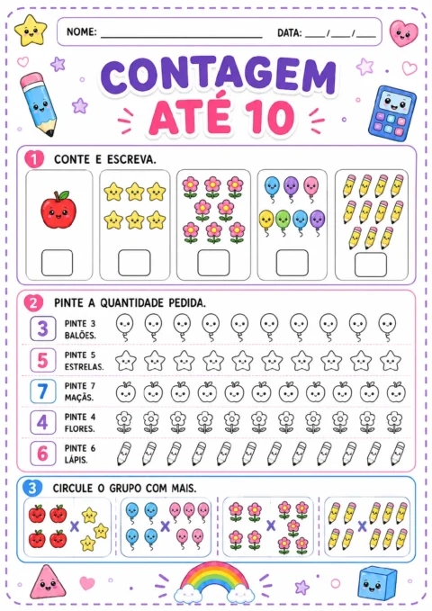 Conjuntos de maçãs, estrelas, flores, balões e lápis para contar até 10, linhas para pintar quantidades.