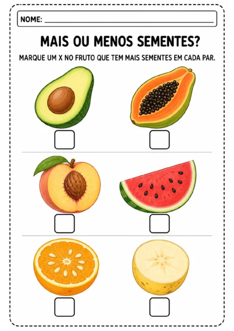 Três pares de frutos cortados — abacate e mamão, pêssego e melancia, laranja e limão — com caixas para marcar a opção.