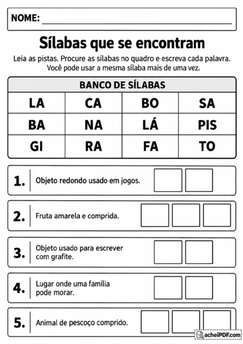 Tabela com 12 sílabas, cinco pistas numeradas e quadrinhos de resposta para formar palavras.
