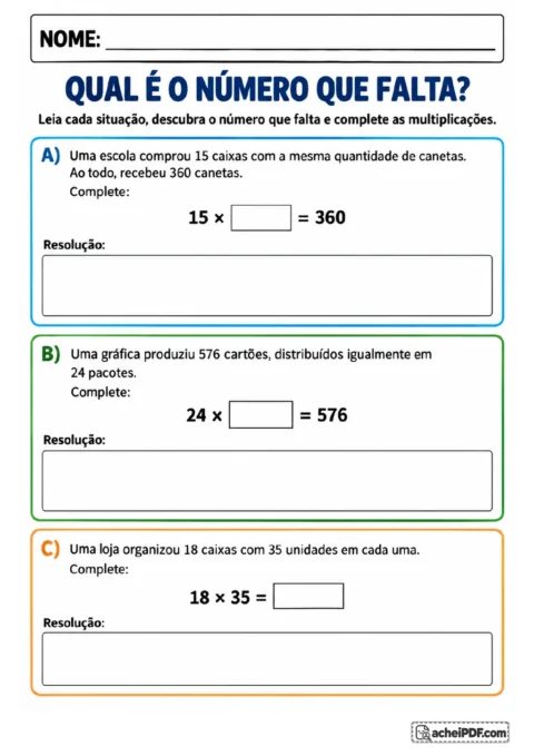 Três blocos coloridos identificados por A, B e C apresentam as multiplicações 15 × □ = 360, 24 × □ = 576 e 18 × 35 = □.