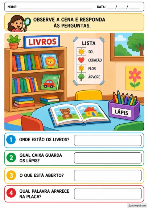 Cena com estante marcada como LIVROS, caixa de LÁPIS, mesa, livro aberto e lista com sol, coração, flor e árvore.