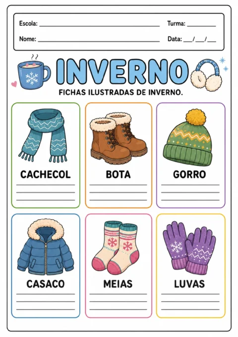 Seis fichas coloridas com cachecol, bota, gorro, casaco, meias e luvas, cada uma com três linhas para copiar o nome.