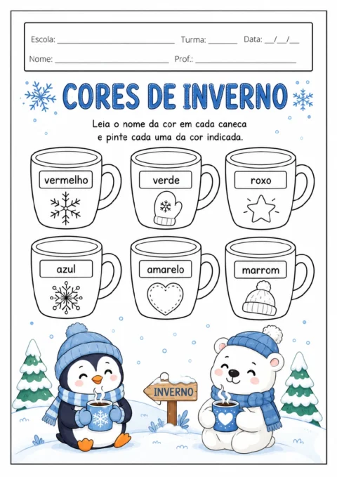 Seis canecas para colorir com os nomes vermelho, verde, roxo, azul, amarelo e marrom.