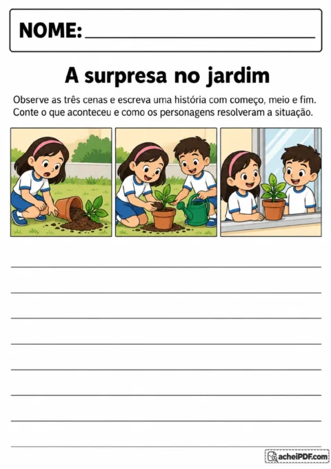 Três ilustrações em sequência mostram vaso tombado, crianças replantando e regando uma muda e uma planta no vaso.