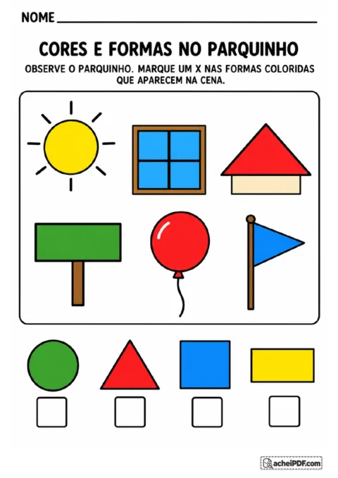 Cena de parquinho com sol, janela, casa, placa, balão e bandeira, além de quatro opções de formas coloridas para marcar.