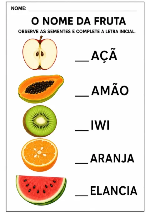 Ilustrações de maçã, mamão, kiwi, laranja e melancia ao lado de nomes com a primeira letra em branco, como “_AÇÃ”, “_AMÃO”.