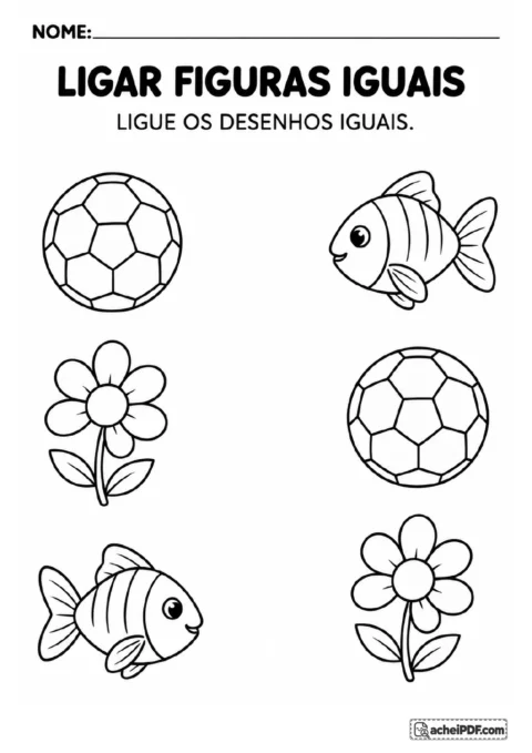 Seis desenhos contornados em preto e branco: bola de futebol, peixe e flor em um lado.
