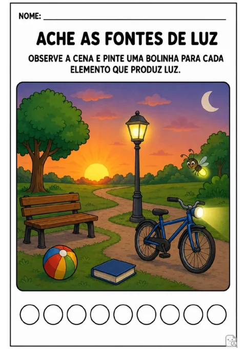 Cena de parque ao entardecer com sol no horizonte, poste aceso, vaga-lume e bicicleta com farol aceso.