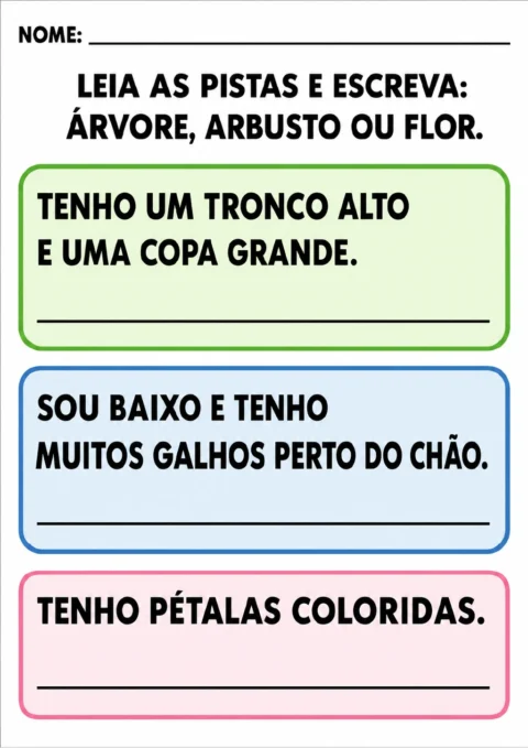 Três quadros coloridos com pistas sobre tronco alto, galhos perto do chão e pétalas coloridas.