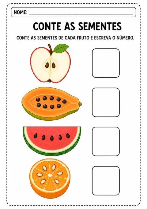 Maçã, mamão, melancia e laranja cortados com sementes visíveis e quatro quadros vazios para registrar a contagem.