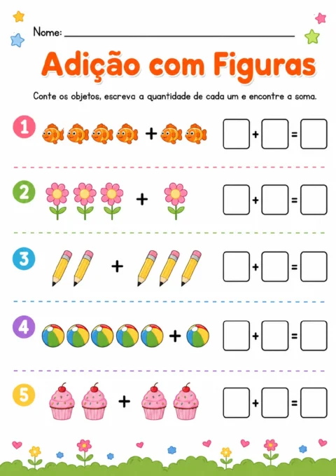 Cinco adições ilustradas com peixes, flores, lápis, bolas de praia e cupcakes, com campos para registrar as parcelas.