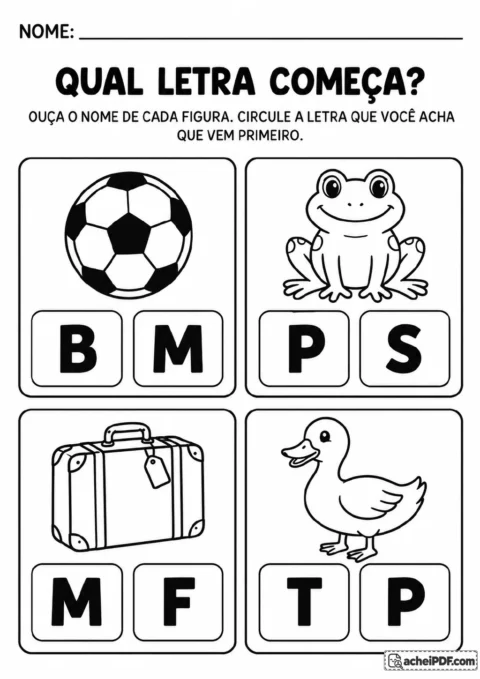 Quatro quadros para colorir com bola, sapo, mala e pato, acompanhados das opções B e M, P e S, M e F, T e P.