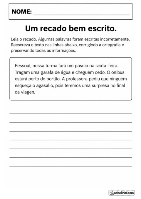 Recado em um quadro arredondado sobre um passeio da turma na sexta-feira, com grafias como “paseio”, “garafa de água”.