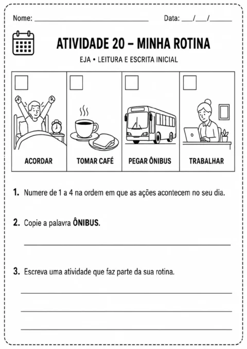 Quatro cenas de rotina diária mostram as ações de acordar, tomar café, pegar ônibus e trabalhar.