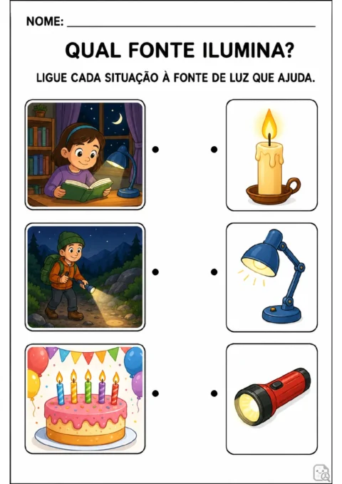 Três cenas mostram uma menina lendo, um caminhante e um bolo de aniversário; ao lado estão luminária de mesa.
